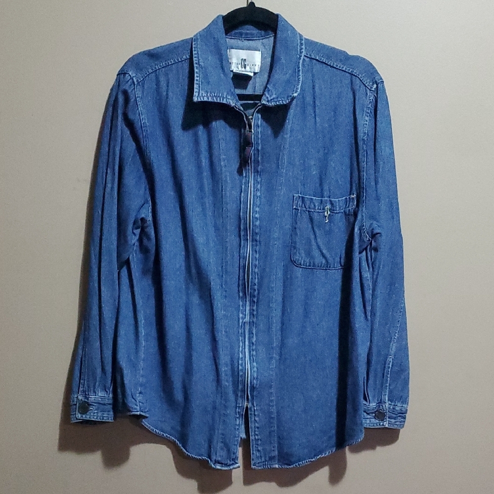 Cotton Ginny Classic Blue Denim Zippered Shirt Jacket Size Large